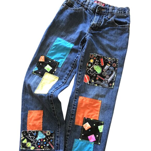 Boy’s Upcycled Patch Jeans, Size 10: Handmade Colorful Science Theme Patchwork - Picture 1 of 11